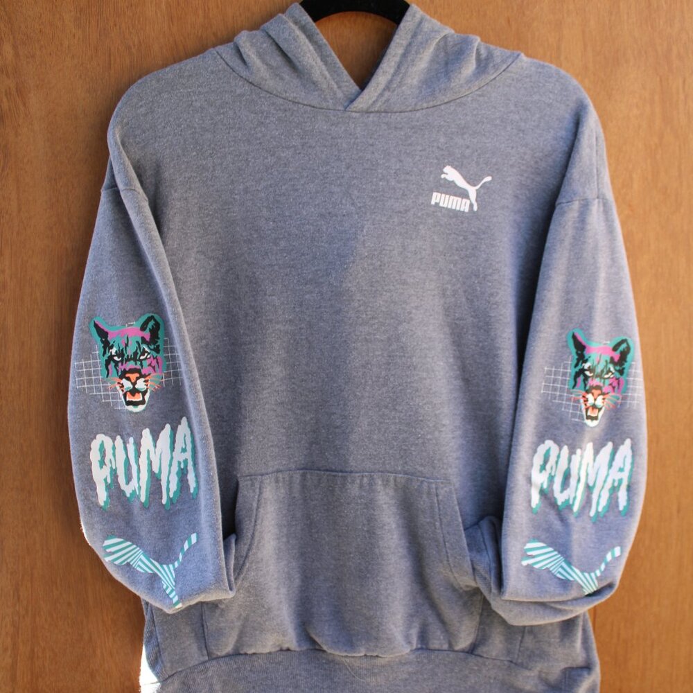 PUMA Boys Hoodie XL 18/20 Heather Gray Retro Panther Graphic Pullover Sweatshirt